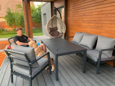 lauko baldai sofa, kabantis kreslas. foteliai, pietu stalas