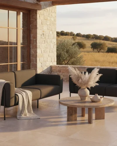 stilingi baldai, terasos baldai, lauko baldai, sofa, foteliai, ekoseses, lauko sofa, dviviete sofa