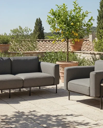 stilingi baldai, terasos baldai, lauko baldai, sofa, ekoseses, lauko sofa, triviete sofa, trivietė sofa