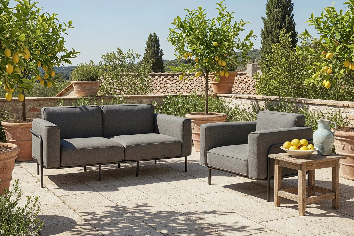 stilingi baldai, terasos baldai, lauko baldai, sofa, ekoseses, lauko sofa, triviete sofa, trivietė sofa