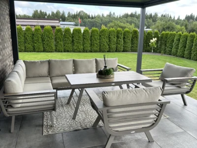 stilingi baldai, terasos baldai, lauko baldai, sofa, foteliai, ekoseses, staliukas, baldų komplektas